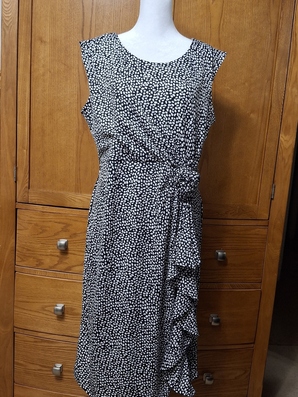 TRADITION Black & White Abstract Spotted Faux-Wrap Dress with Rosette and Cascad